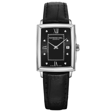 Τετράγωνο ρολόι Raymond Weil Toccata Diamonds 5925-STC-00295 με μαύρο δερμάτινο λουράκι και μαύρο καντράν μεγέθους 22.6mm x 28.1mm με διαμάντια.
